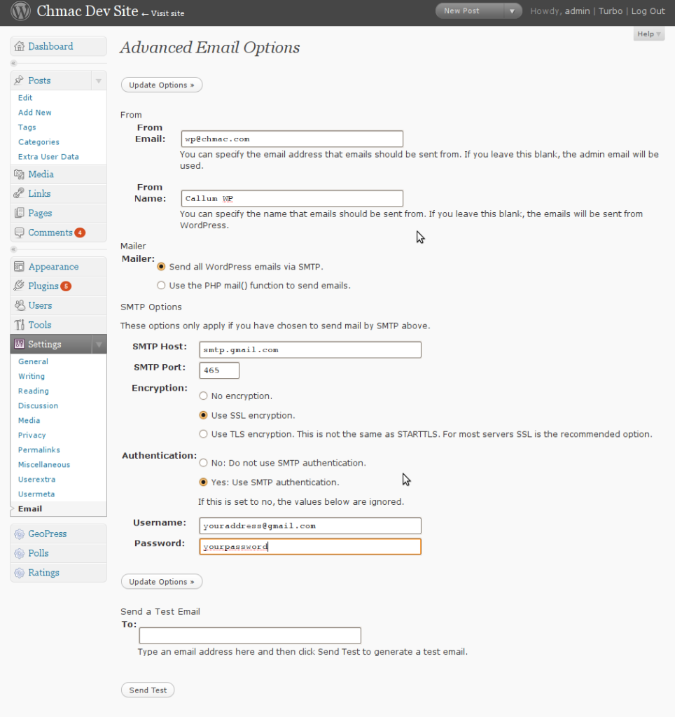 smtp settings 