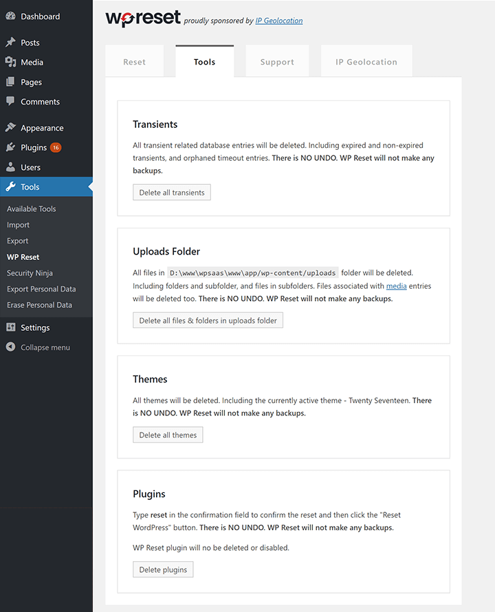 wp reset tools