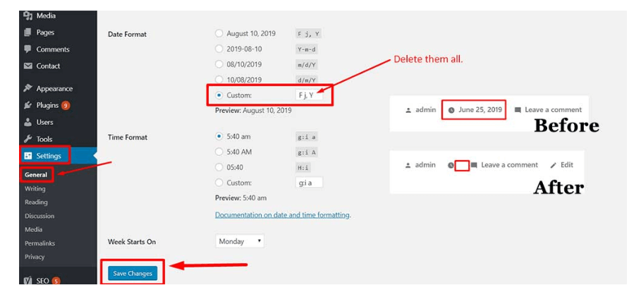 settings section in dashboard