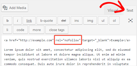 add nofollow attribute-to-links in classic text editor