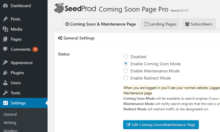 seedprod review enable coming soon page