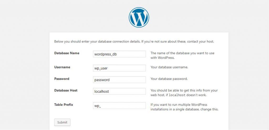 wordpress db setting