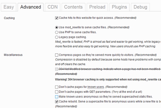 wp super cache advanced setting