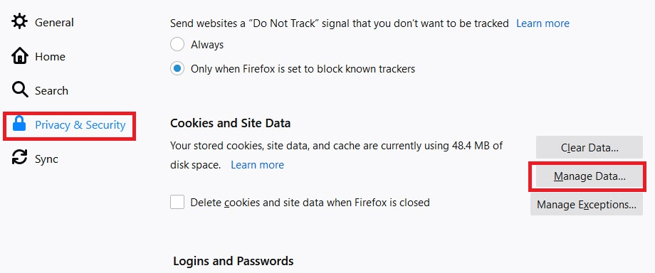 Firefox Site Data action