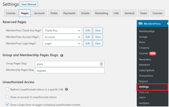 MemberPress setting