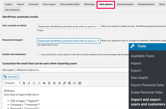 Sending an email to imported users