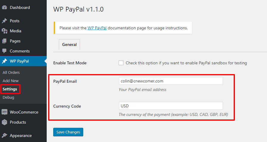 WP PayPal email