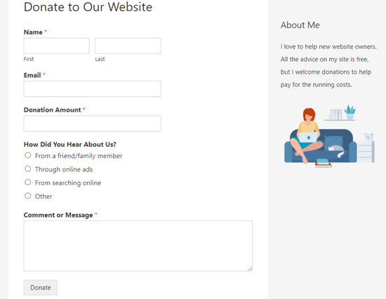 donation form on live site