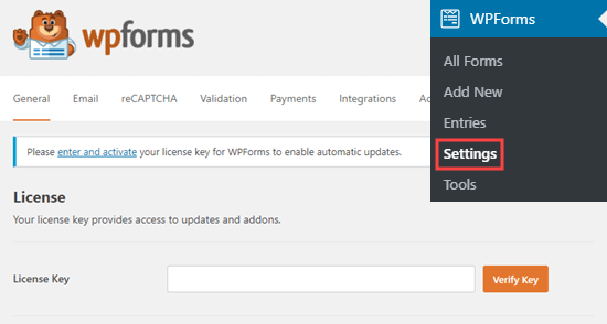 wpform setting