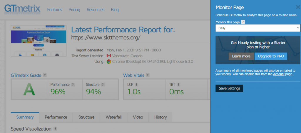 GTmetrix monitor page