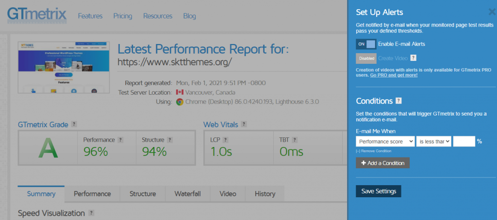 GTmetrix result page