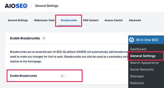 breadcrumbs settings