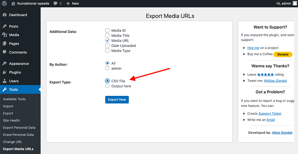 CSV file selected as Export Type on Export Media
