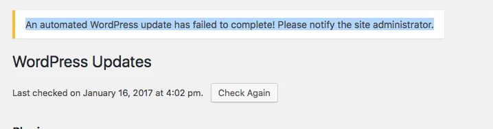 An automated WordPress update has failed to complete – please attempt the update again now
