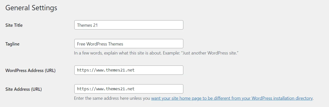 The WordPress Address and Site Address in the General Settings
