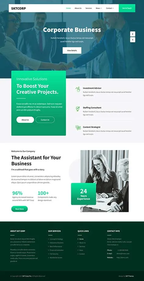 Free Corporation WordPress Theme with professional business layout and service display options