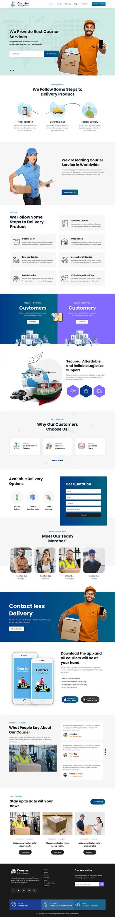 Courier Delivery WordPress Theme built for express shipping and parcel services. Includes tracking features, service pages, and contact forms.