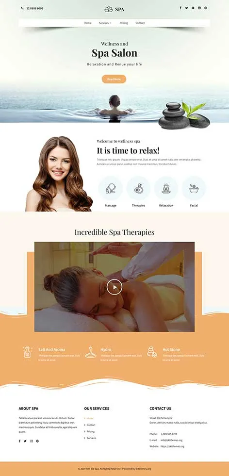 Free Dream Spa WordPress Theme with soothing spa homepage