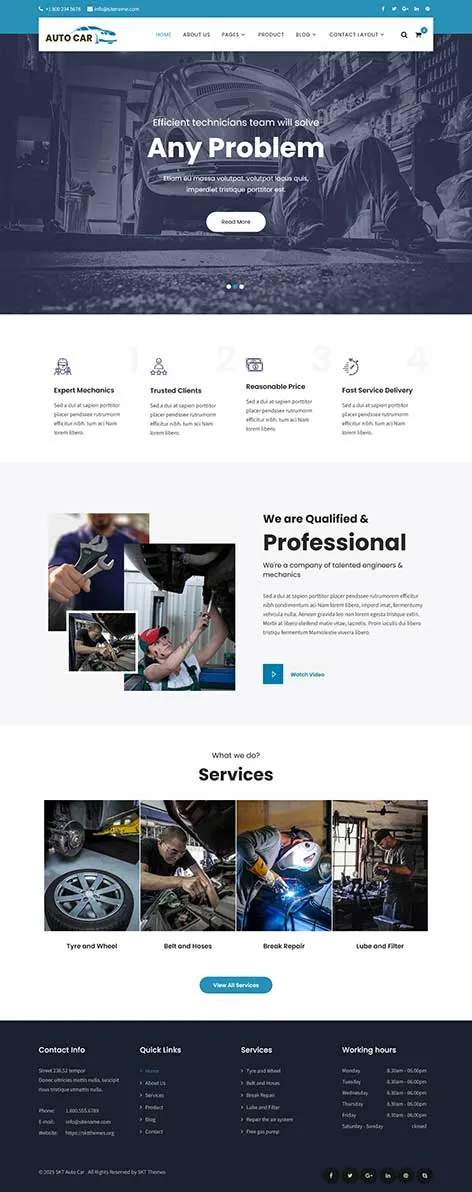 Free Auto Repair WordPress Theme designed for showcasing vehicle maintenance services and booking features