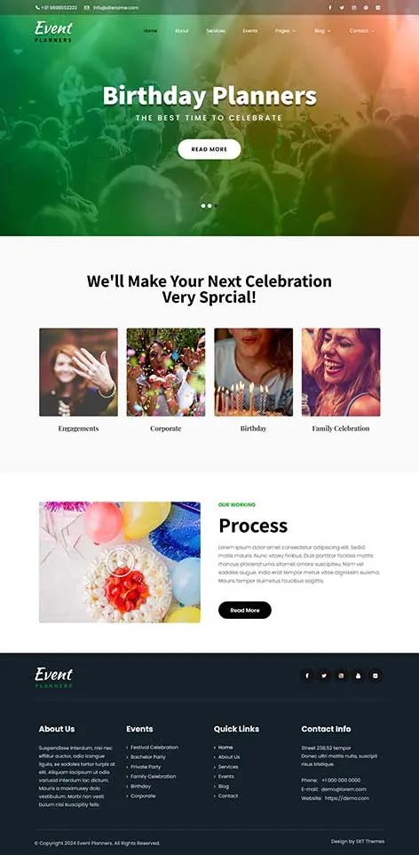 Free Happy Events WordPress Theme for planning parties, celebrations, and festive gatherings online
