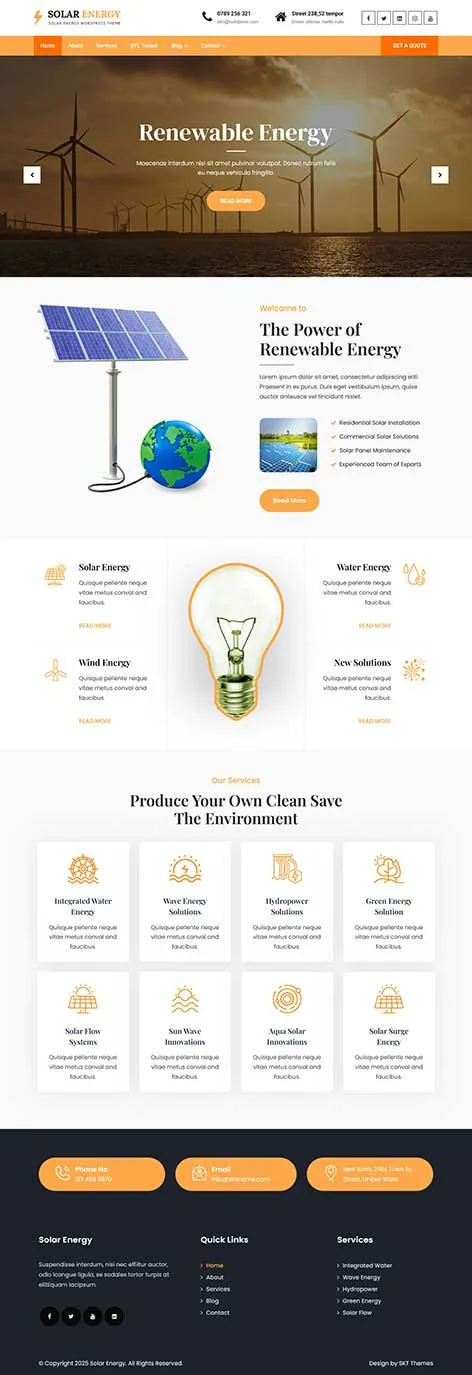 Free Renewable Technology WordPress Theme with eco-friendly design for clean energy startups and green tech solutions