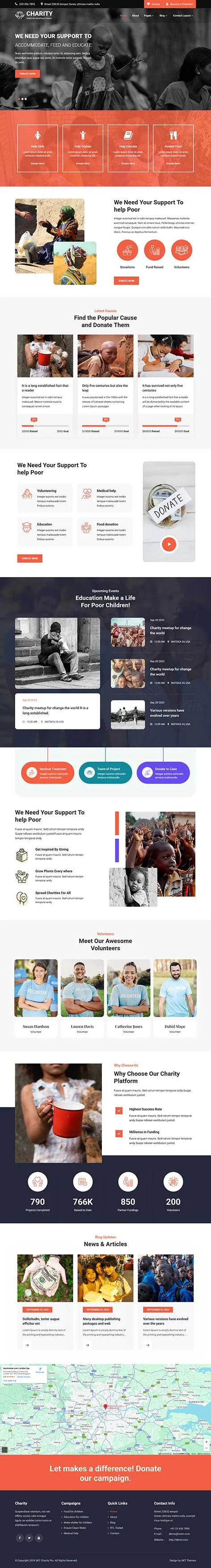 Charitable Trusts WordPress Theme by SKT Themes supports NGOs in fundraising and donation collection online.