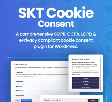 SKT Cookie Consent is a free WordPress cookie plugin developed by SKT Themes.
