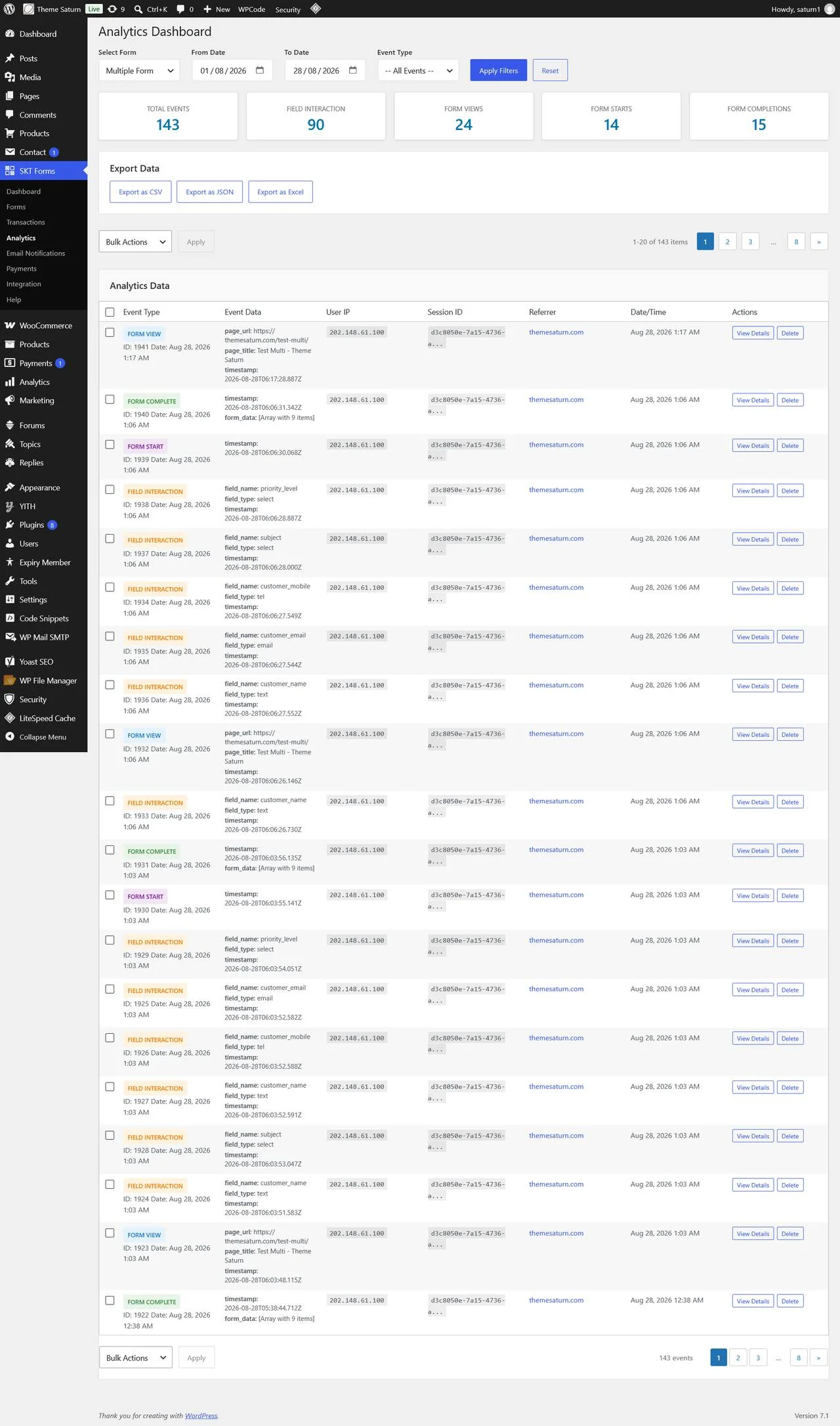 Create Contact Forms for Your WordPress Website Filter by form, date range and event type; view the metric cards; export or drill into individual tracked events.