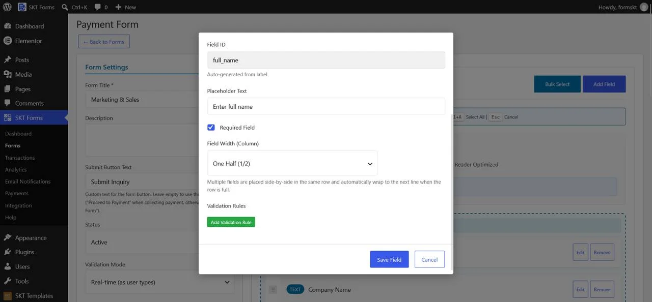 Create Contact Forms for Your WordPress Website column width and validation rules for any field